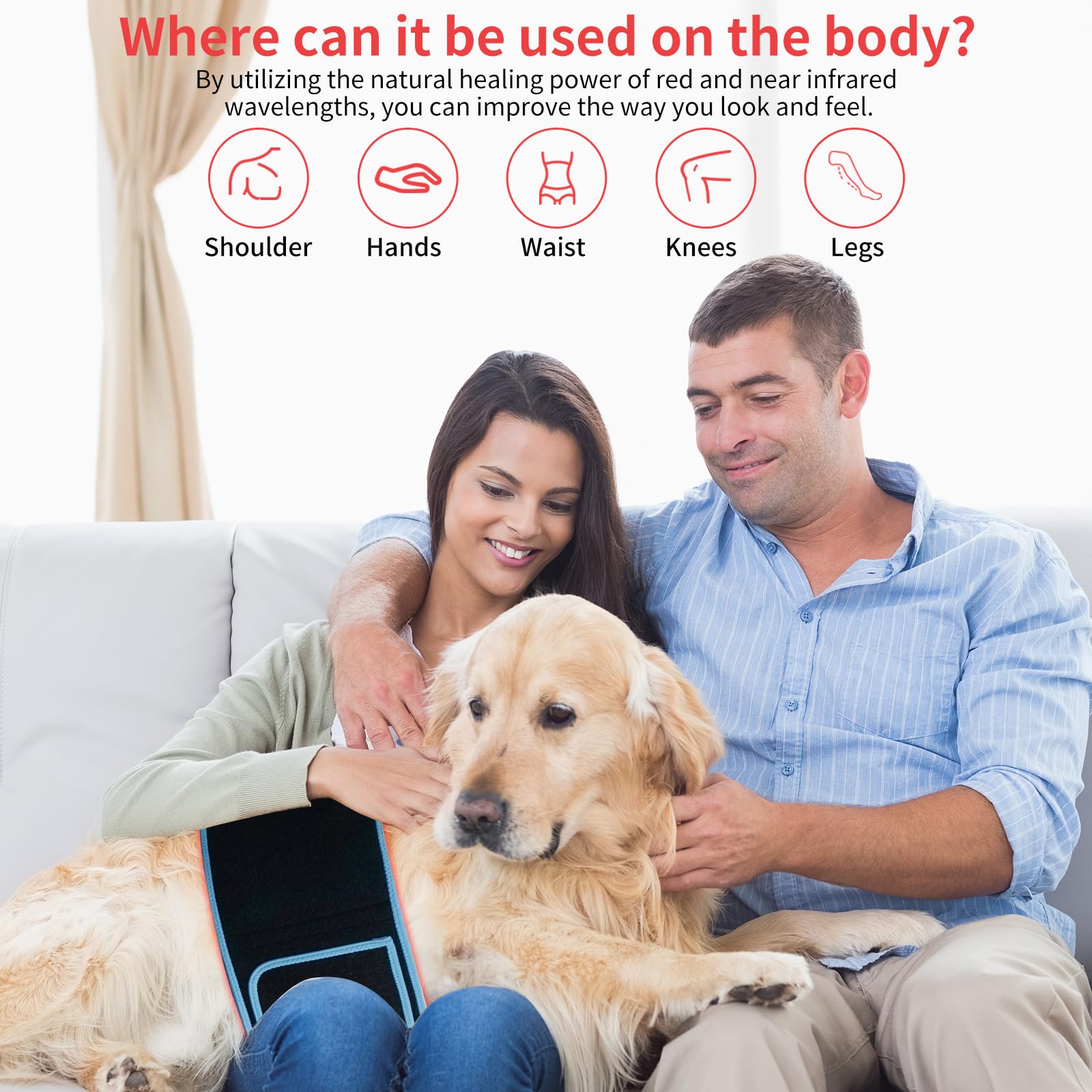 cabpay belt worn on back and shoulder provides deep-reaching light therapy for daily activities