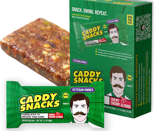 Caddy Snacks Chewy Cherry Almond bar close-up shows almonds and cherries for on-the-go energy