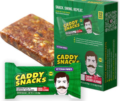 Caddy Snacks Chewy Cherry Almond bar close-up shows almonds and cherries for on-the-go energy