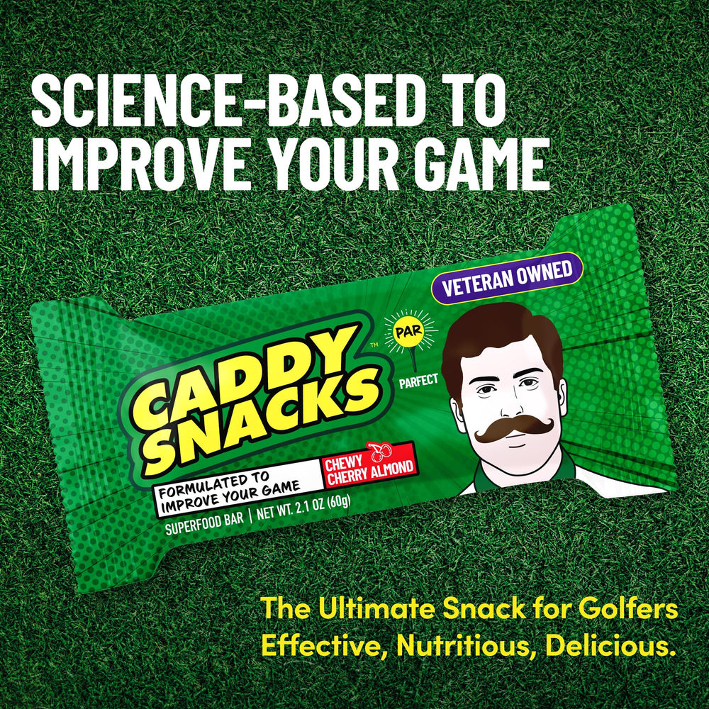 Caddy Snacks Chewy Cherry Almond bar packaging emphasizes vegan and gluten-free benefits