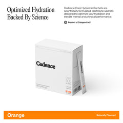 Opened Cadence Core Orange sachets ready to mix into water for quick electrolyte balance.