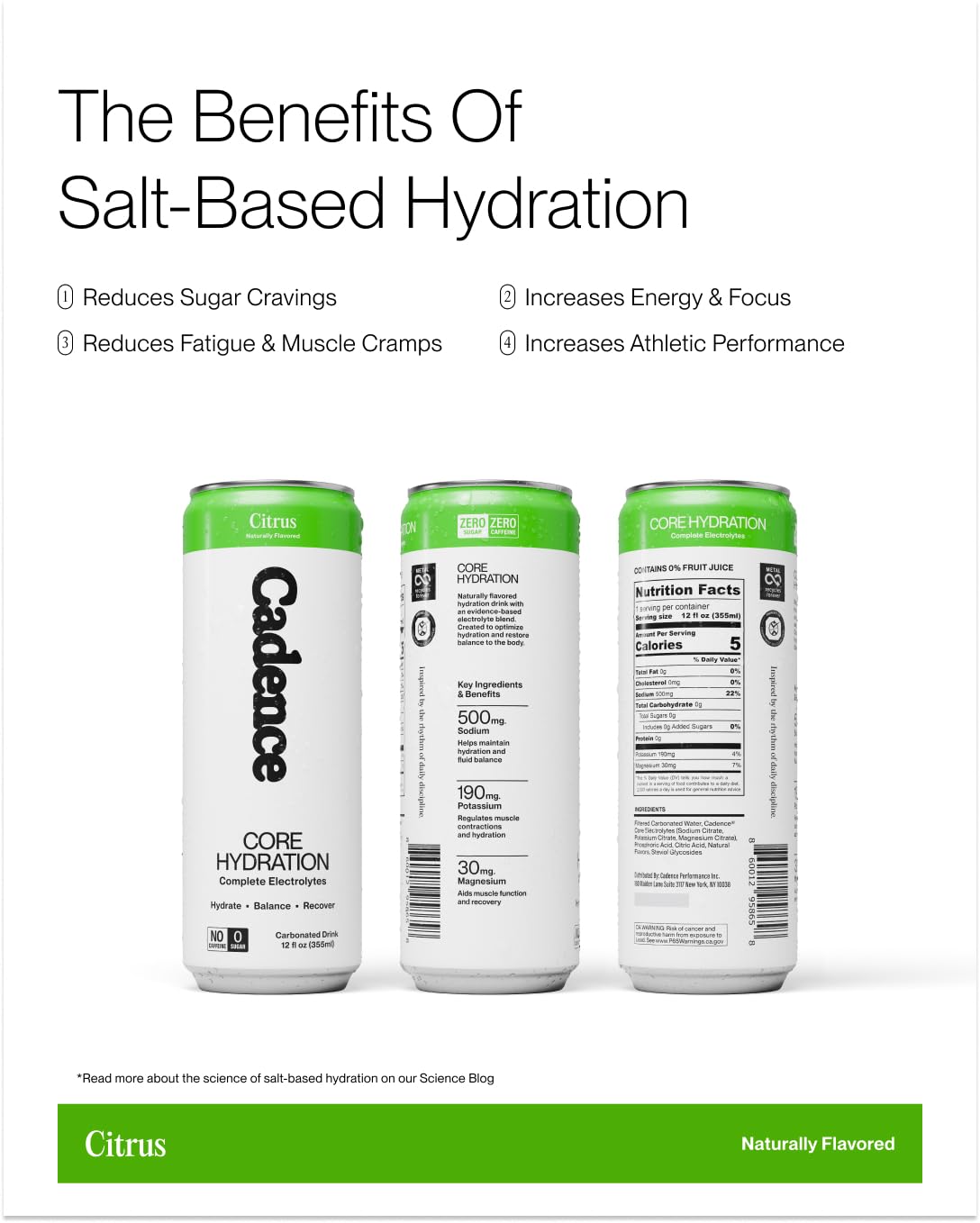 Cadence Electrolyte Citrus ingredients stevia highlight natural hydration options.