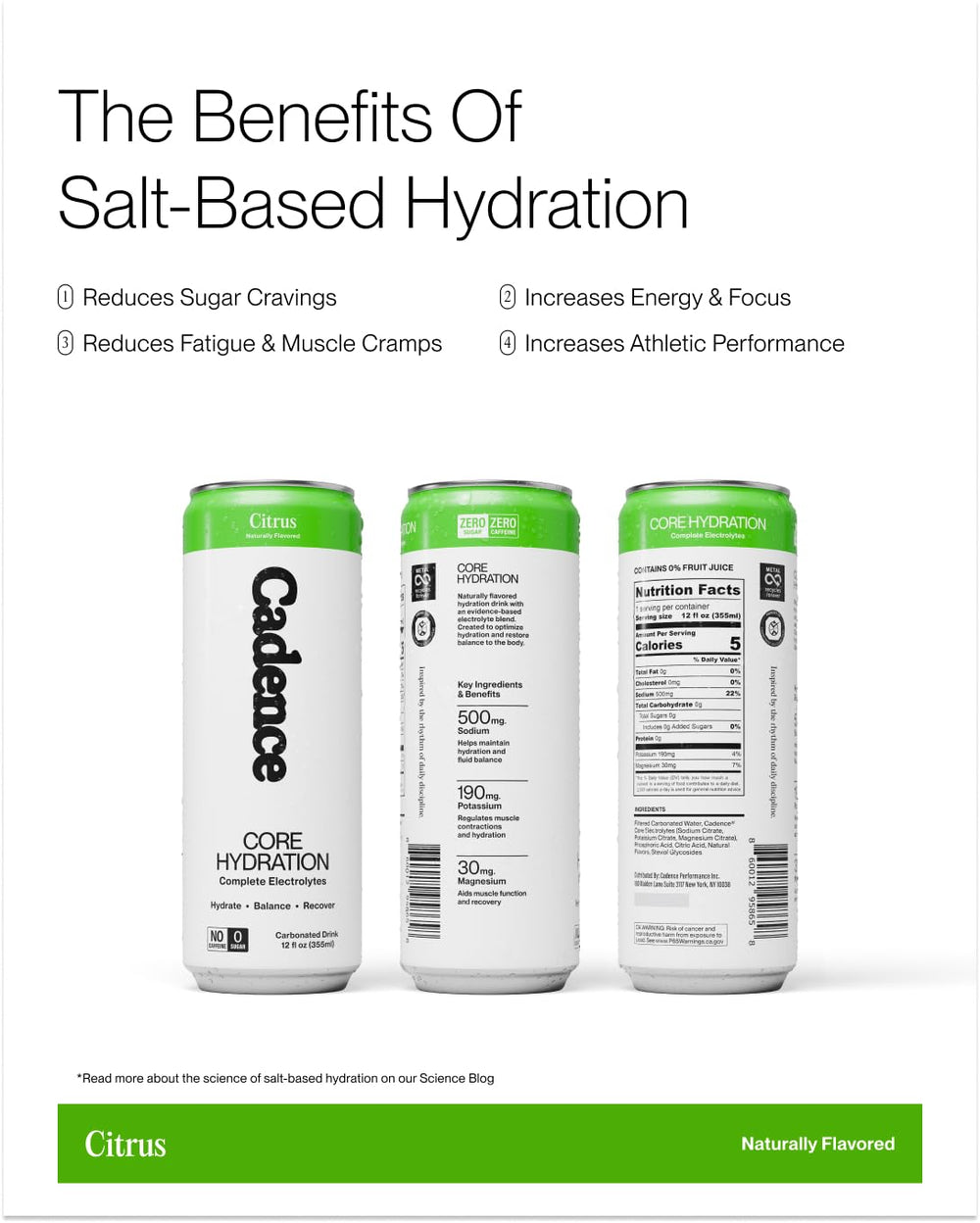 Cadence Electrolyte Citrus ingredients stevia highlight natural hydration options.