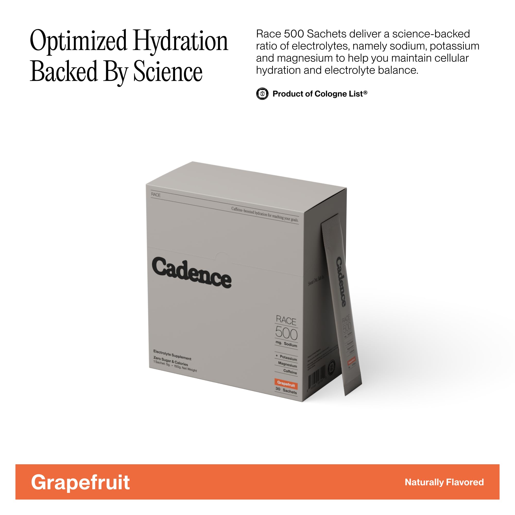 Cadence Race Energy Grapefruit packet open for single-serve hydration.