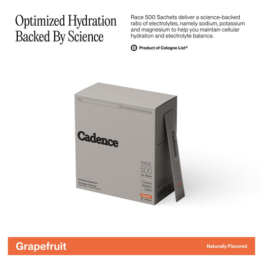 Cadence Race Energy Grapefruit packet open for single-serve hydration.