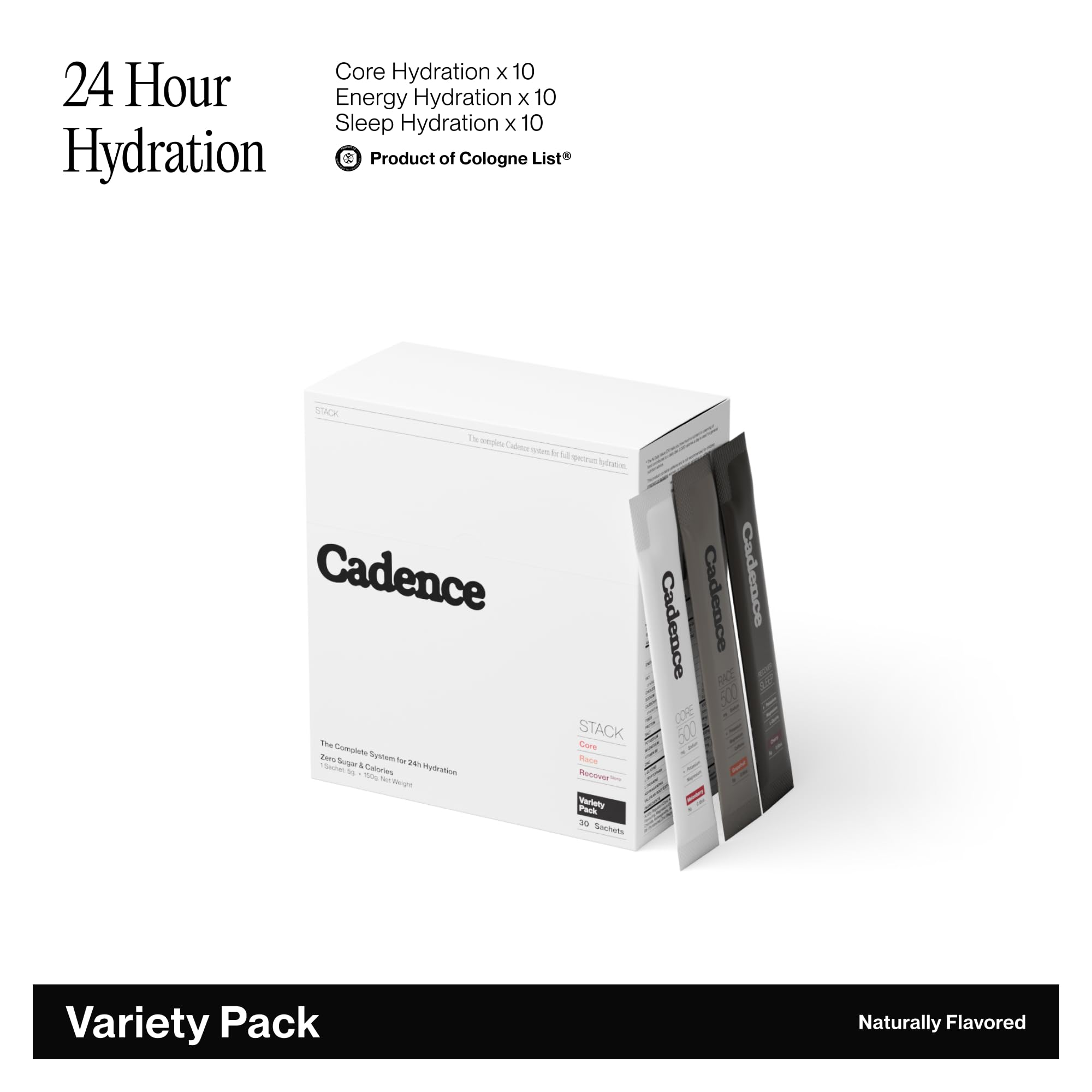Cadence Sleep Hydration sachets close-up highlighting night recovery support.