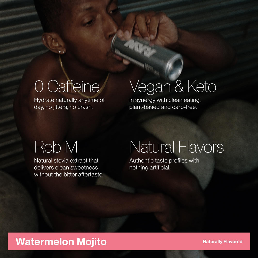 Cadence Watermelon Mojito electrolyte being poured into a glass for clean, caffeine-free hydration.