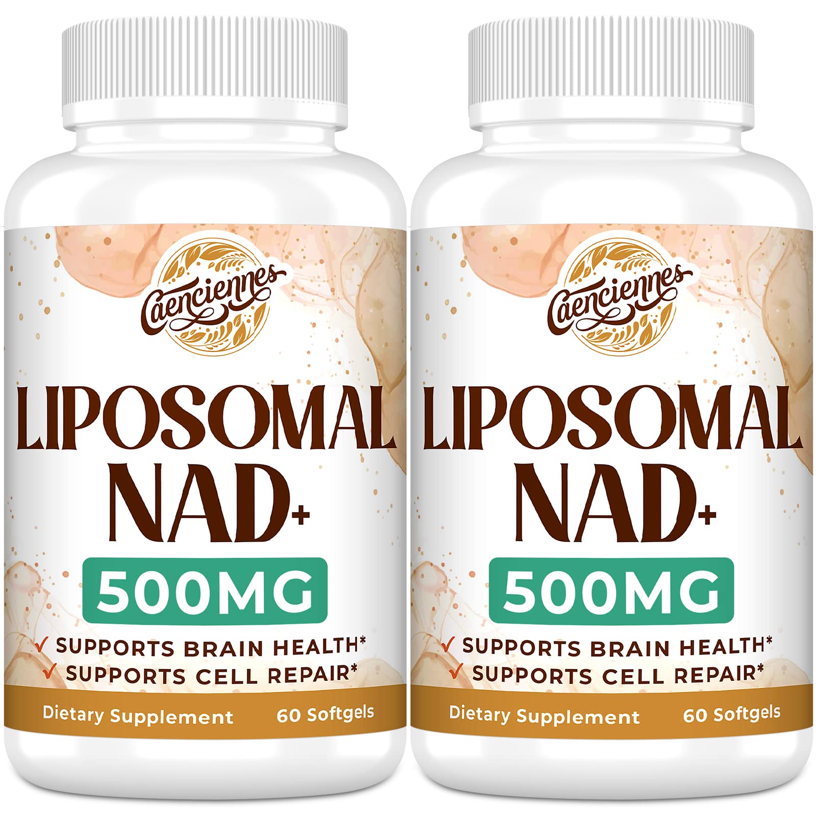 Caenciennes Liposomal NAD+ 500 mg bottle highlighting advanced absorption for daily energy support.