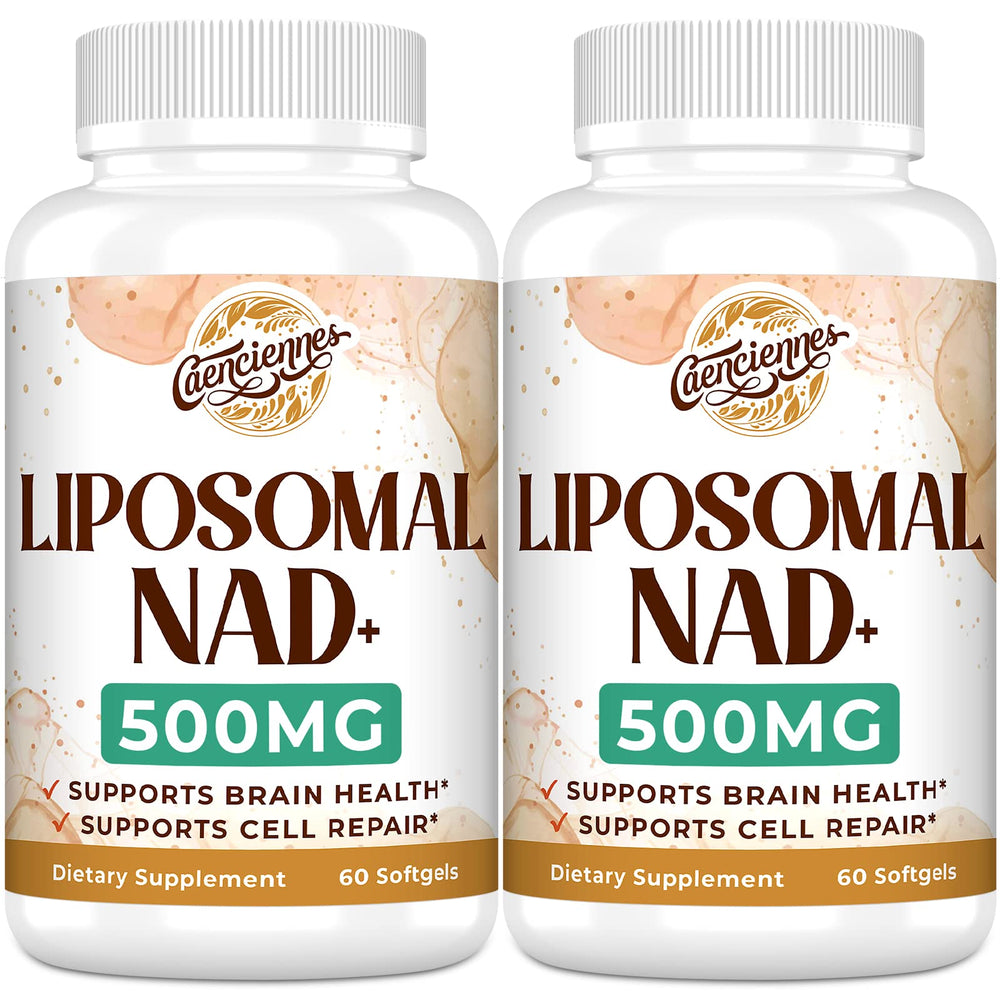Caenciennes Liposomal NAD+ 500 mg bottle highlighting advanced absorption for daily energy support.
