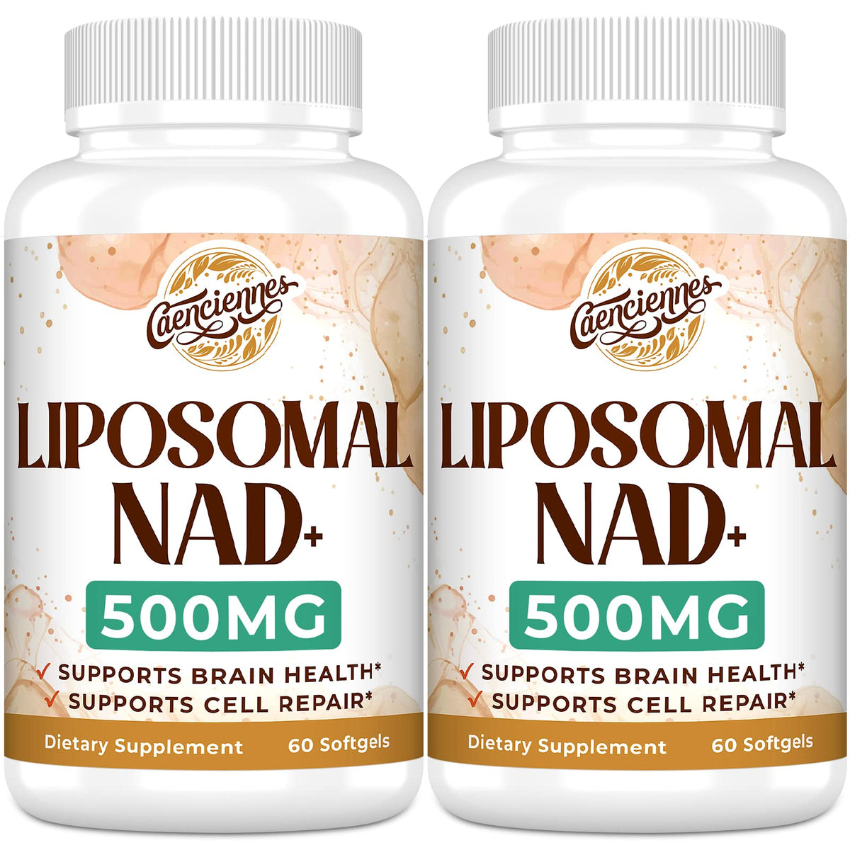 Caenciennes Liposomal NAD+ 500 mg bottle highlighting advanced absorption for daily energy support.
