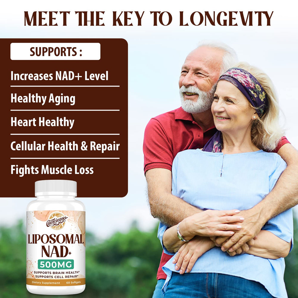 Caenciennes Liposomal NAD+ bottle with nutrition facts panel supports informed use.