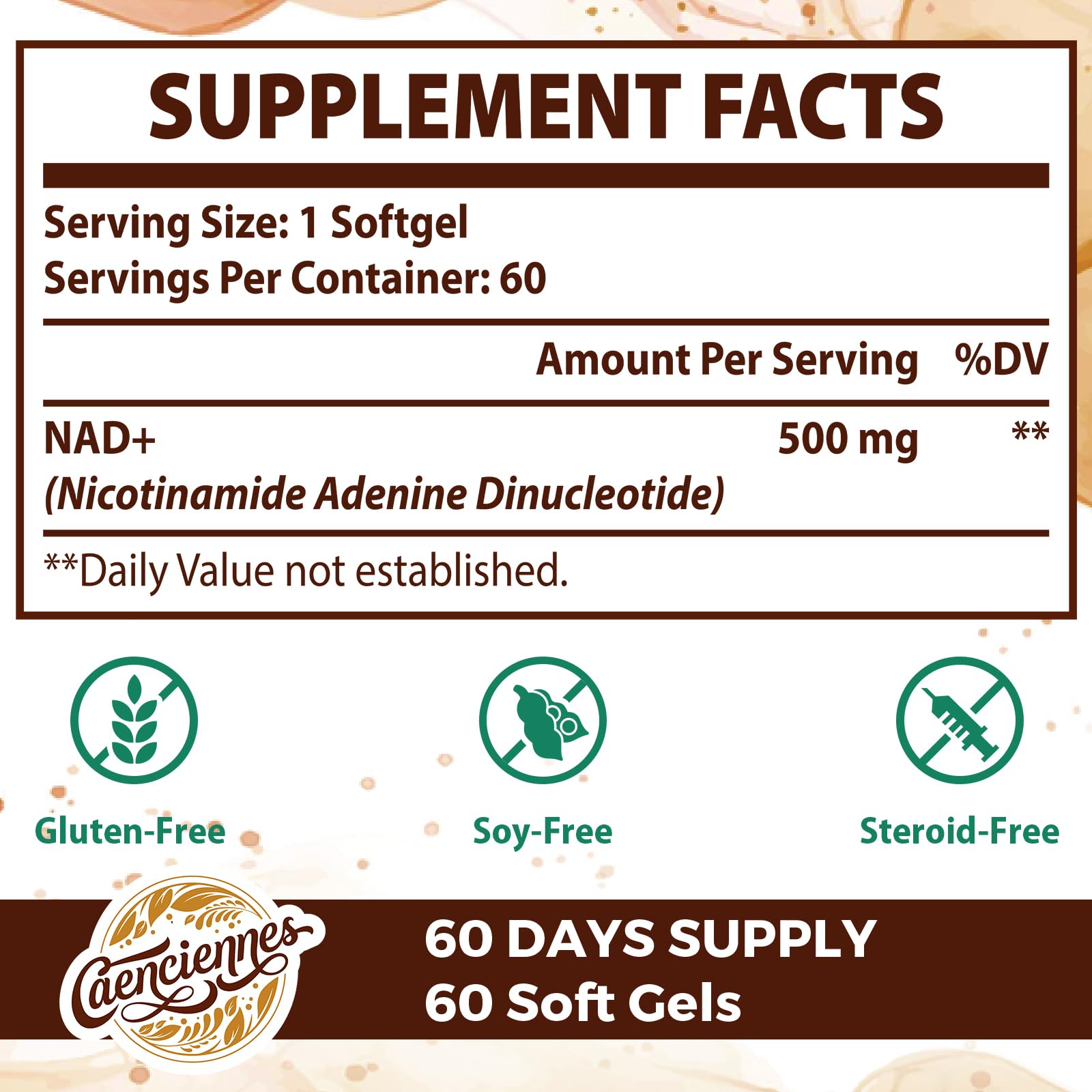 Caenciennes Liposomal NAD+ soft-gels closeup, easy to swallow for daily use.