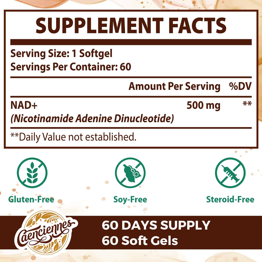 Caenciennes Liposomal NAD+ soft-gels closeup, easy to swallow for daily use.