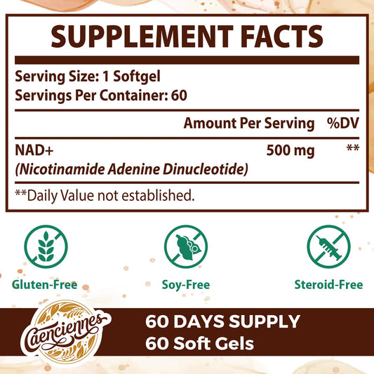 Caenciennes Liposomal NAD+ soft-gels closeup, easy to swallow for daily use.