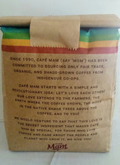 Cafe Mam therapy coffee label closeup emphasizes organic roast quality.