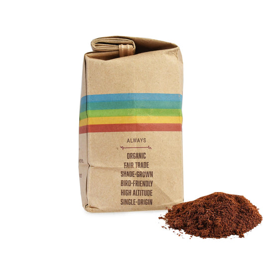 Cafe Mam therapy roast bag closeup emphasizing fair trade, shade-grown beans for premium flavor.
