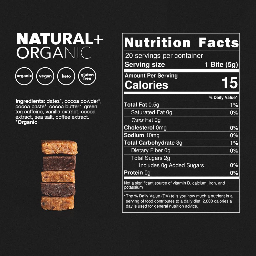 CAFF energy bites bar close-up, chocolate flavor with 65mg caffeine.