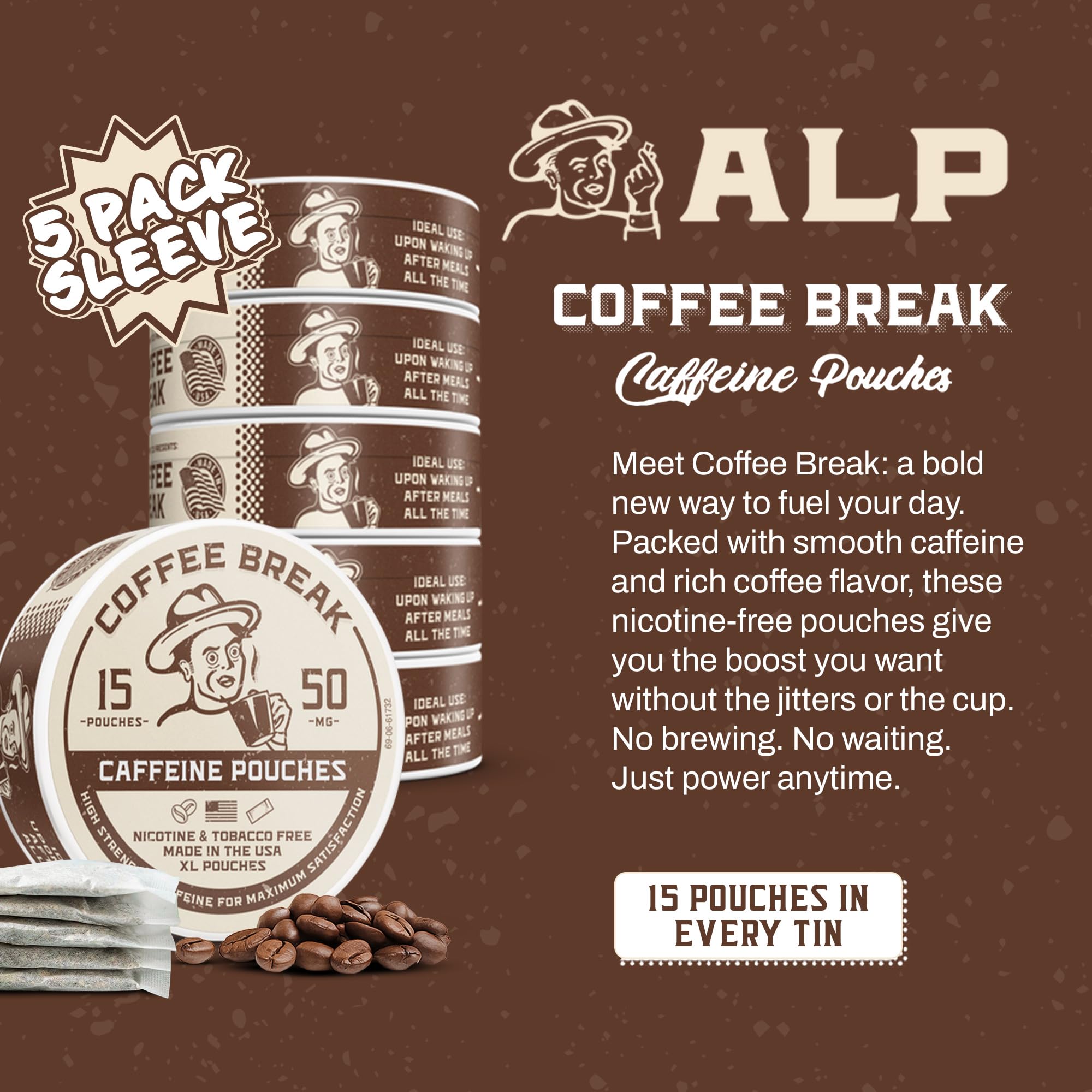 Caffeine Break Coffee Break pouch tucked in a pocket for portability.