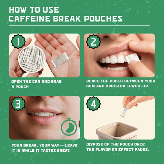 Caffeine Break Peppermint pouch in tin showcases portable on the go energy