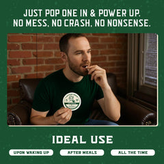 Caffeine Break Wintergreen packaging closeup shows USA-made quality and durability.