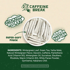 Caffeine Break Wintergreen pouch with 50 mg label emphasizes clean energy.