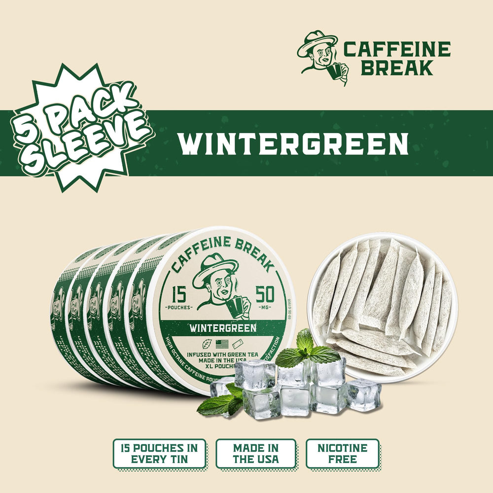 Caffeine Break Wintergreen tin with 15 pouches for all-day use.