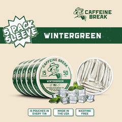 Caffeine Break Wintergreen tin with 15 pouches for all-day use.