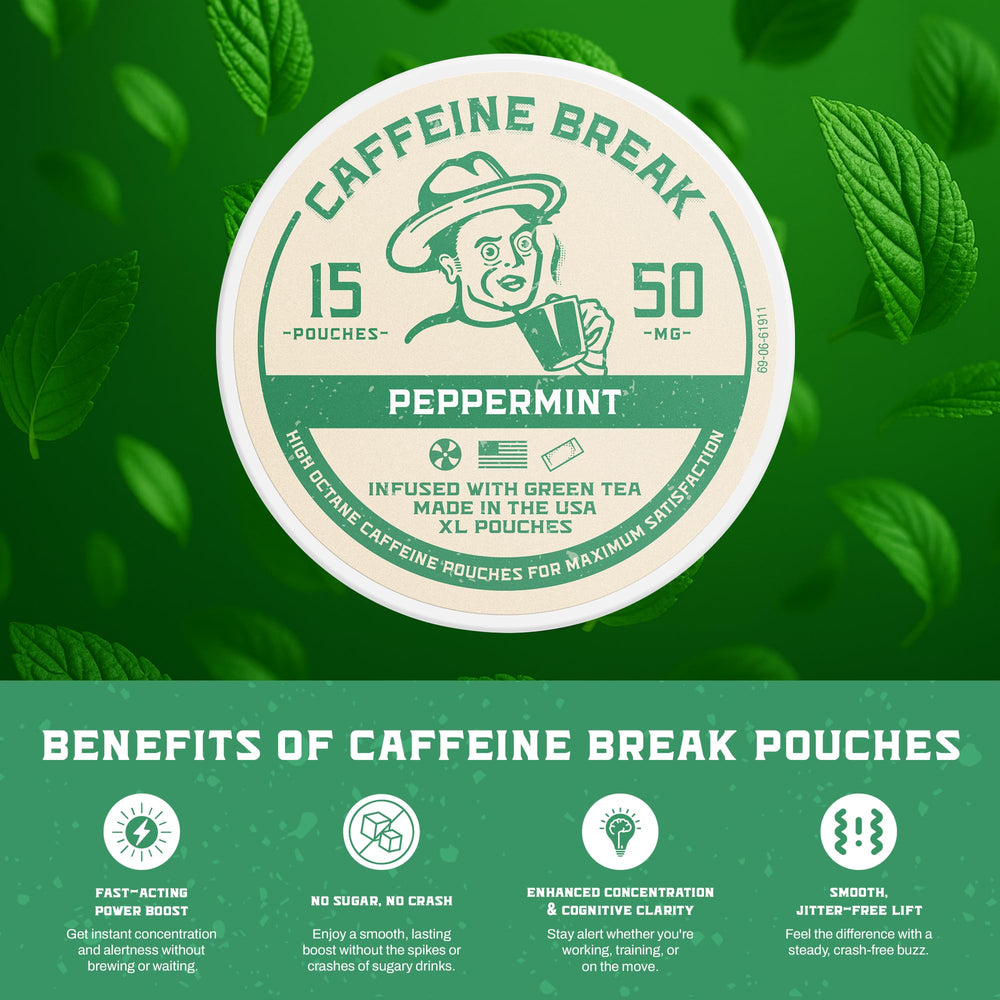 Caffeine Break xl pouch packaging emphasizes larger size and longer-lasting kick