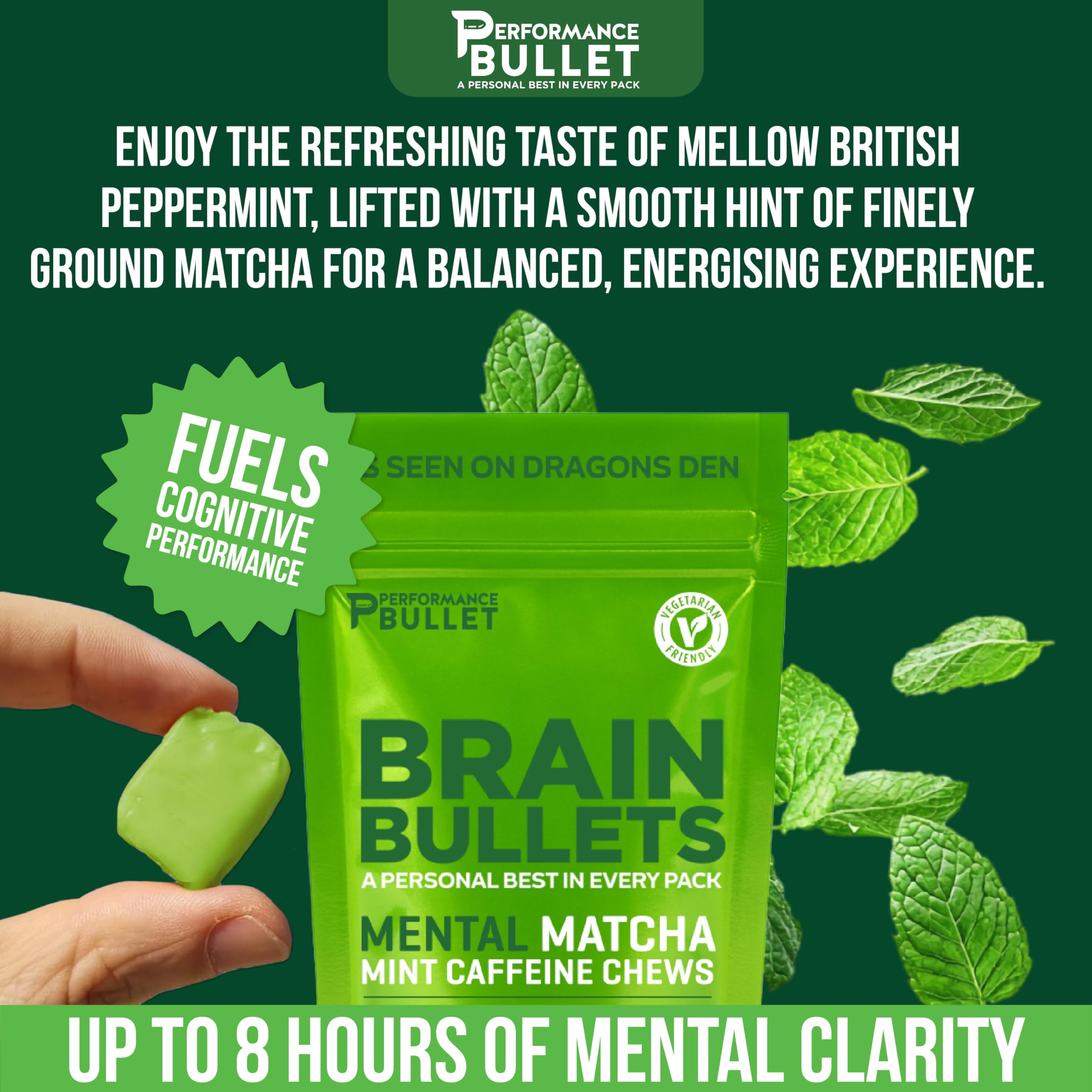 Caffeine Bullet mint matcha chew closeup, fast-acting focus within minutes.
