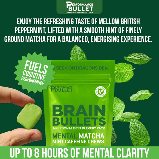 Caffeine Bullet mint matcha chew closeup, fast-acting focus within minutes.