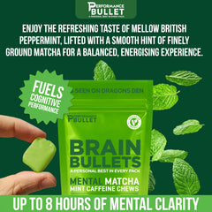 Caffeine Bullet mint matcha chew closeup, fast-acting focus within minutes.