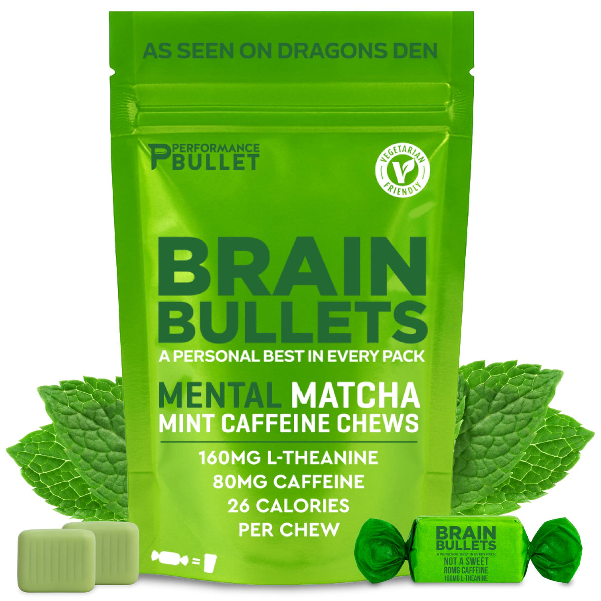 Caffeine Bullet mint matcha chew on display for focused productivity.