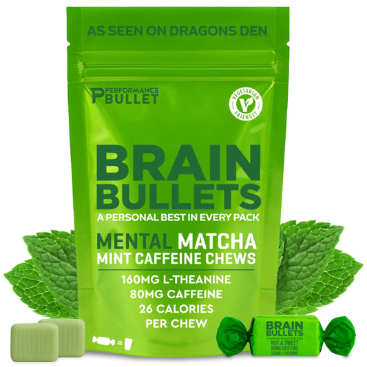 Caffeine Bullet mint matcha chew on display for focused productivity.