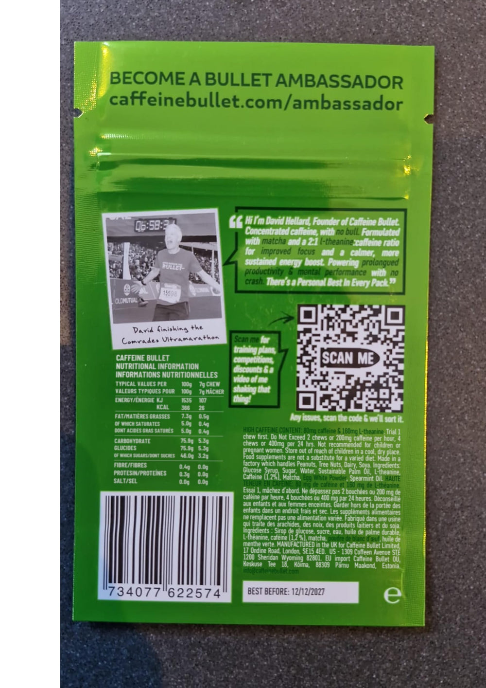 Caffeine Bullet mint matcha chew flavor visual, boosts focus and mood.
