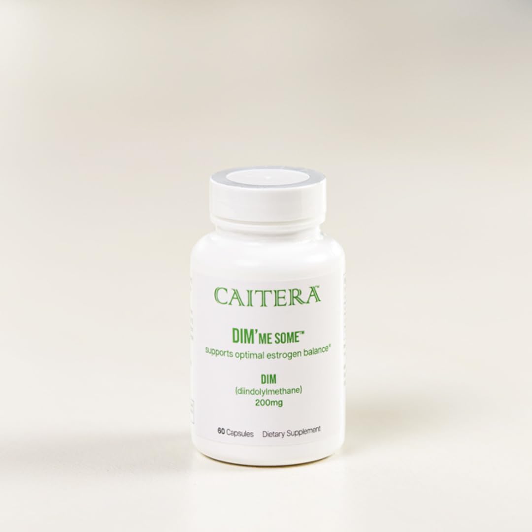 Caitera DIM'me Some bottle label close-up, vegan formula for balanced hormones.