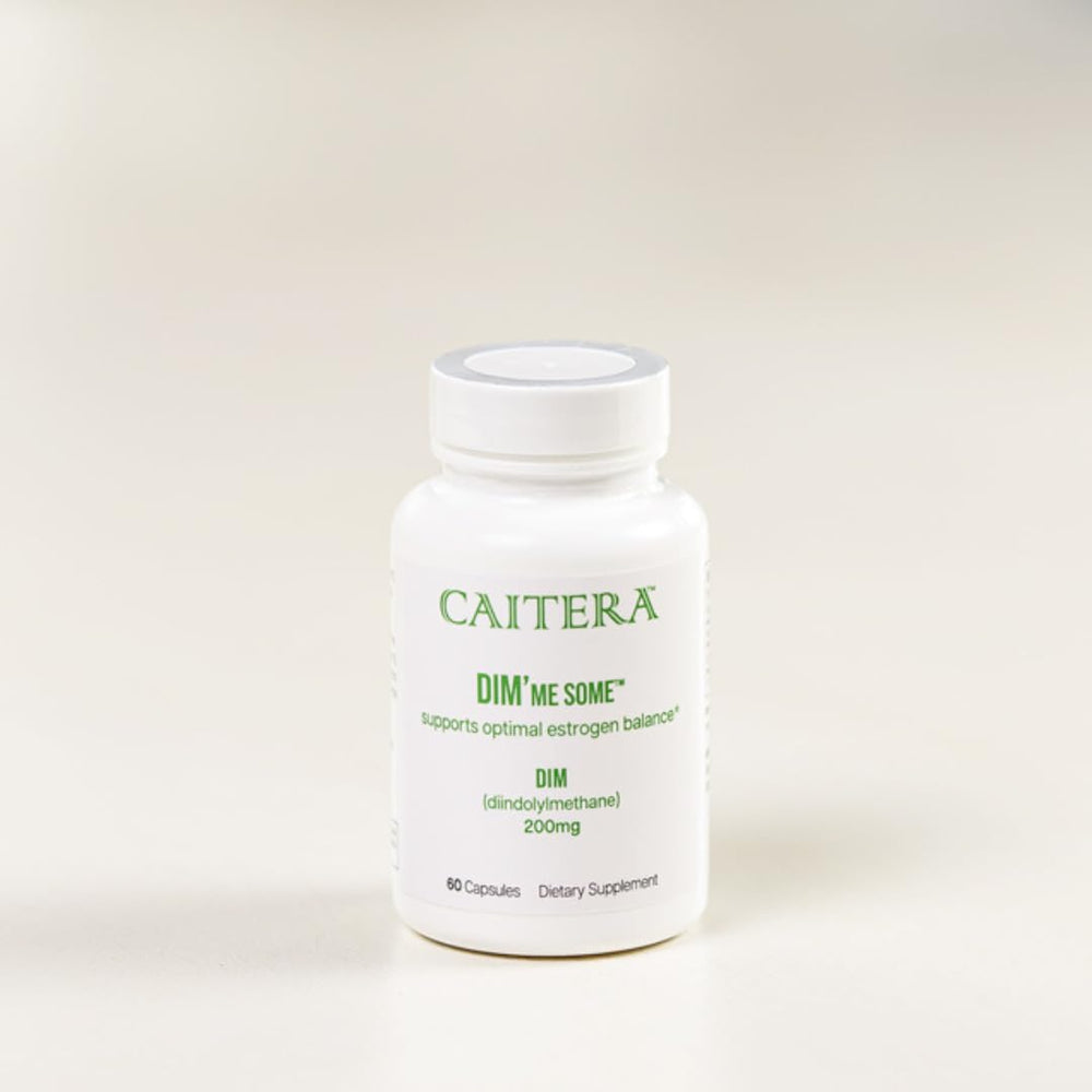Caitera DIM'me Some bottle label close-up, vegan formula for balanced hormones.