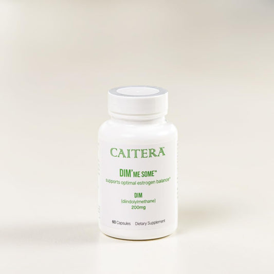 Caitera DIM'me Some bottle label close-up, vegan formula for balanced hormones.