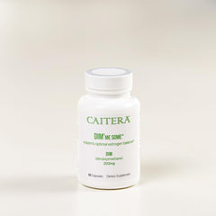 Caitera DIM'me Some bottle label close-up, vegan formula for balanced hormones.