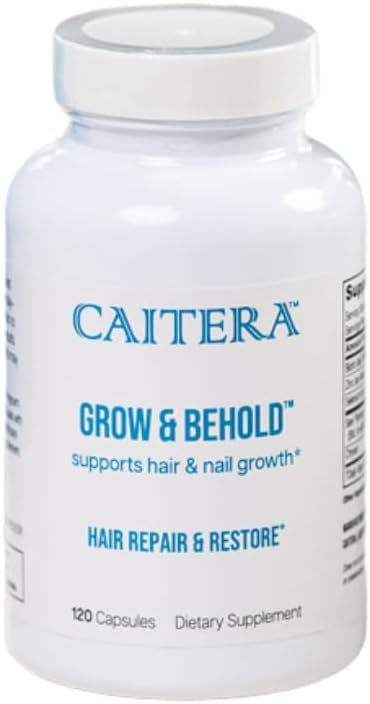 Caitera Grow & Behold bottle front showing vegan hair support for vitality