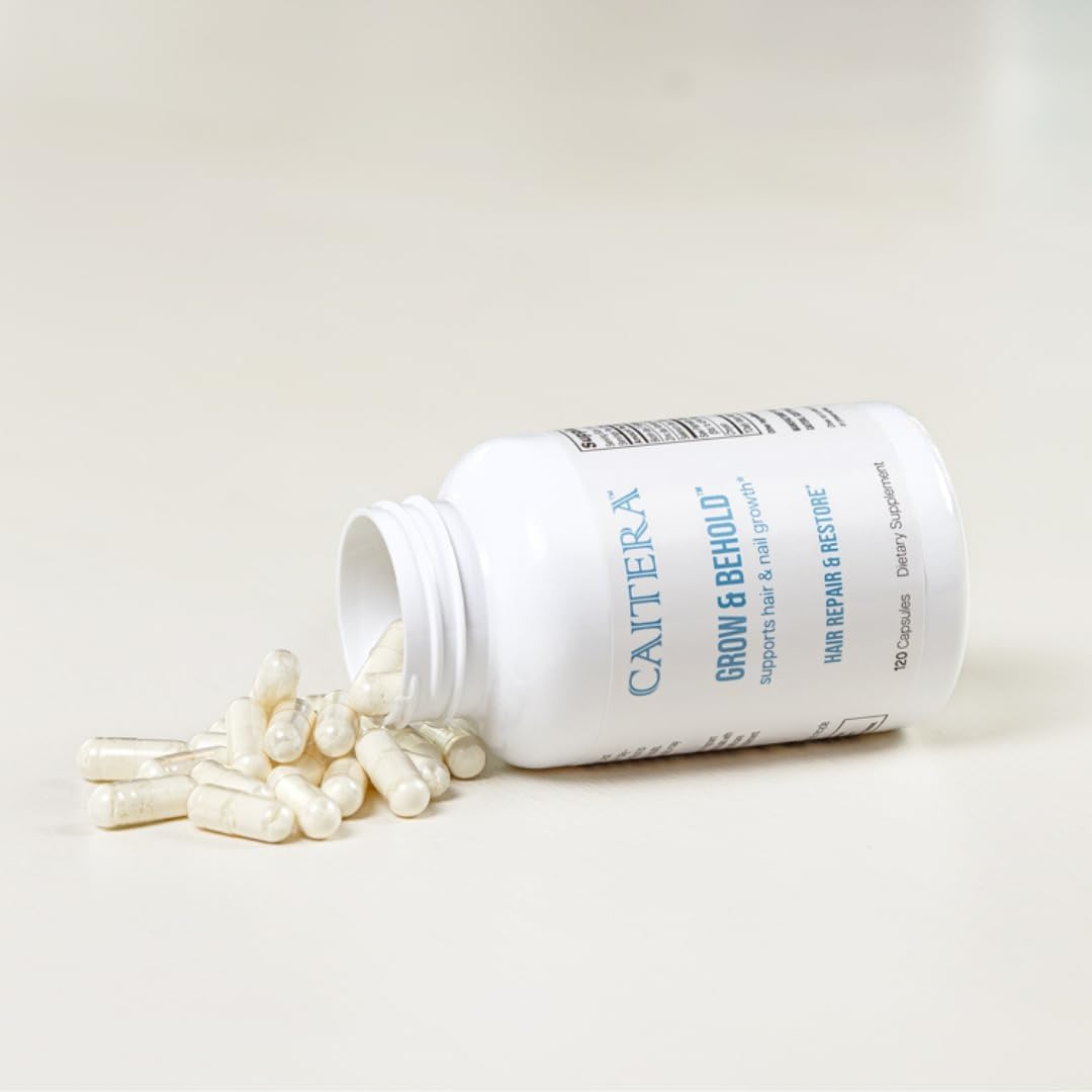 Caitera Grow & Behold ingredients panel listing biotin, zinc, selenium