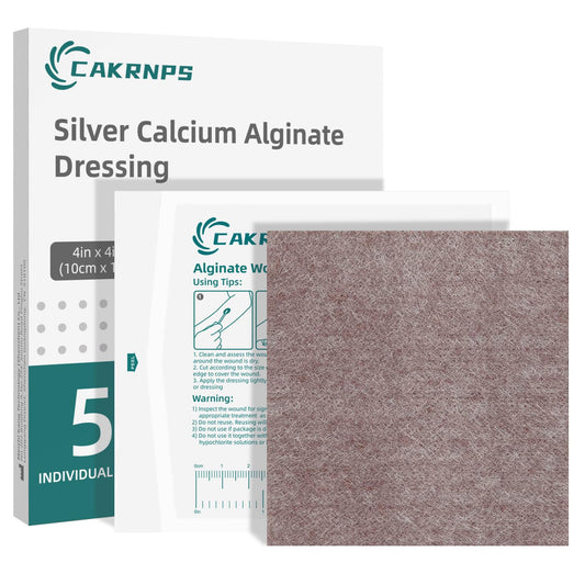 CAKRNPS silver calcium alginate dressing 4x4 pack for absorbent exudate management.