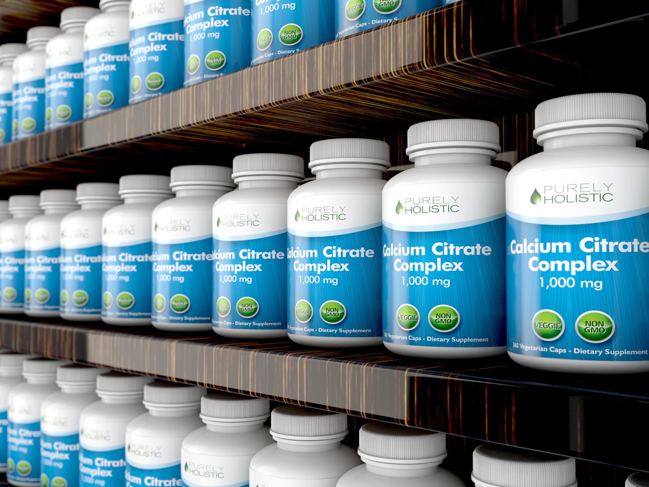 Calcium citrate capsules closeup shows vegan, allergen-free formula.