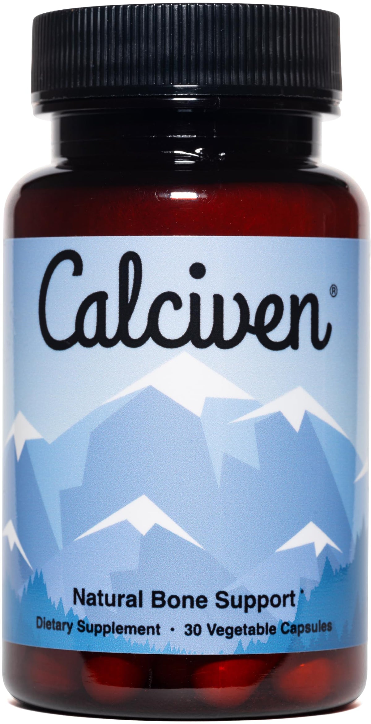 Calciven bone-support bottle closeup with capsules for daily calcium support