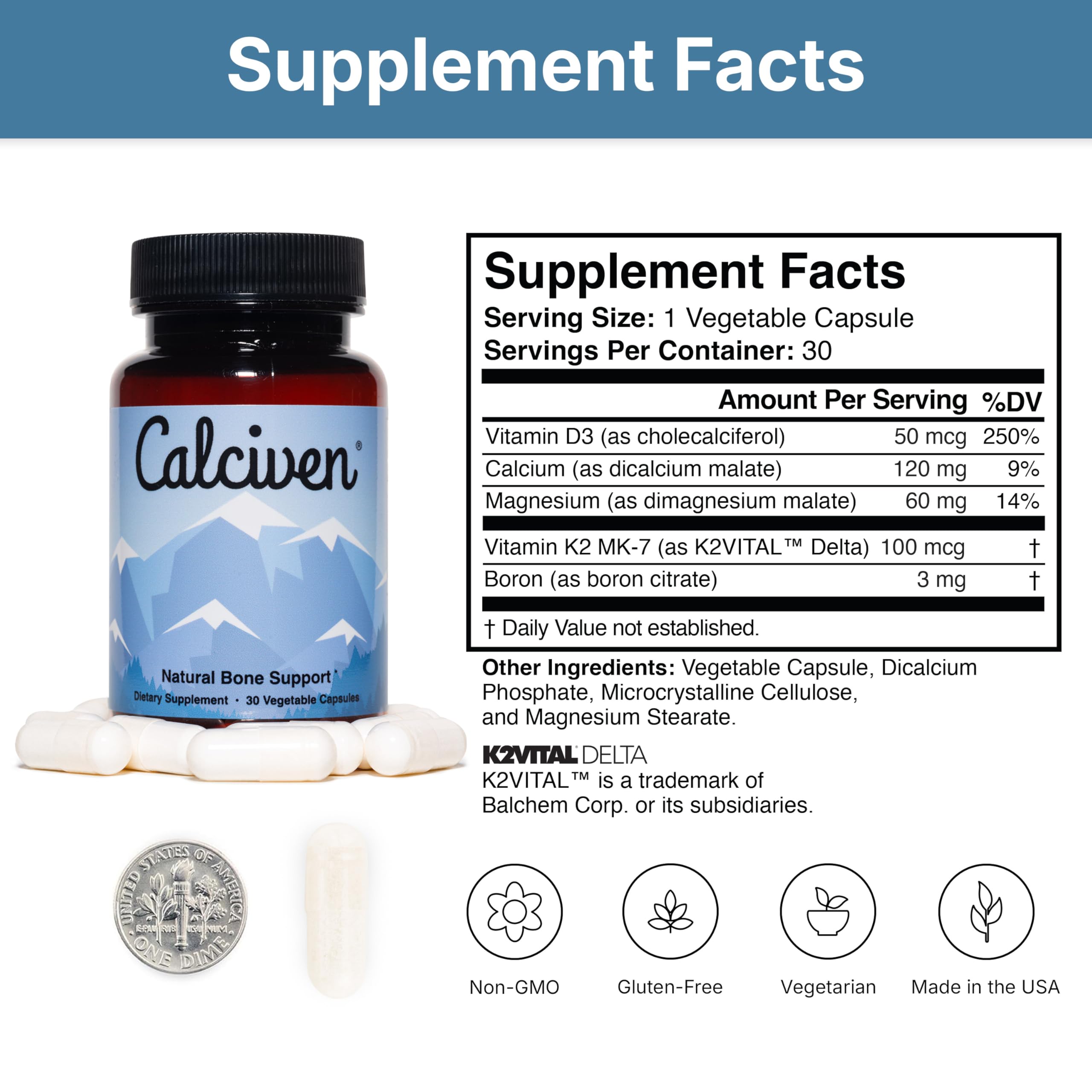 Calciven label emphasizing non-GMO and gluten-free ingredients
