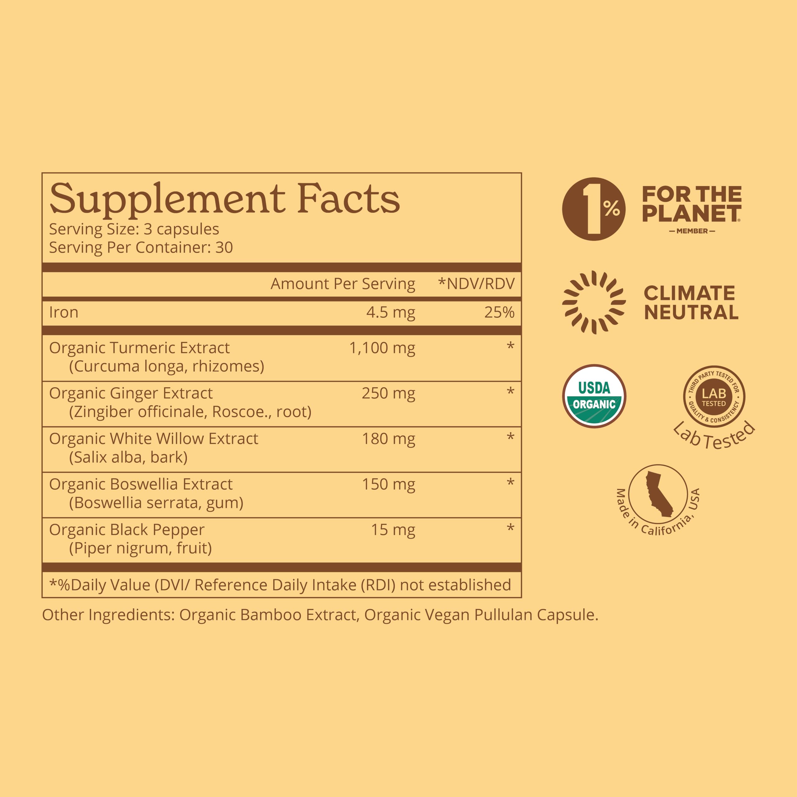 Calgee organic ginger-boswellia-white willow bundle bottle highlighting ingredients.