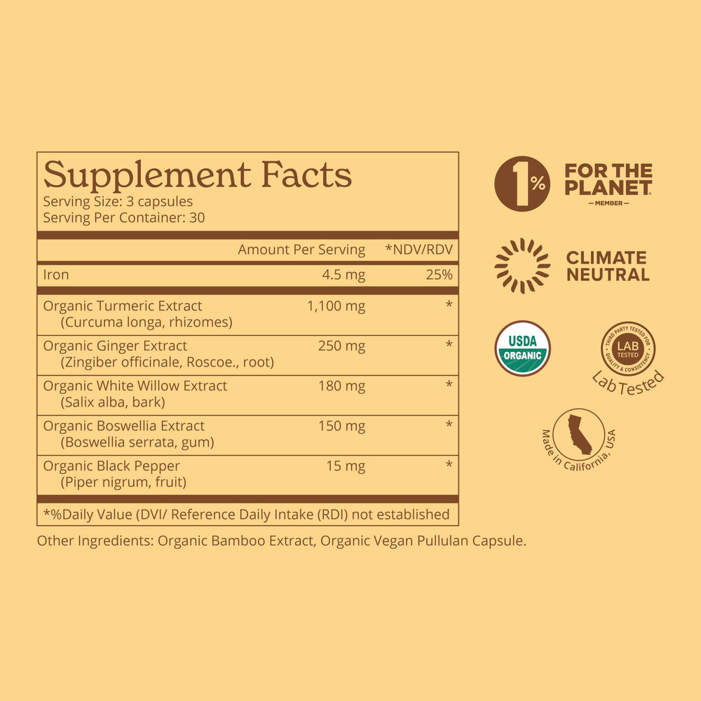 Calgee organic ginger-boswellia-white willow bundle bottle highlighting ingredients.