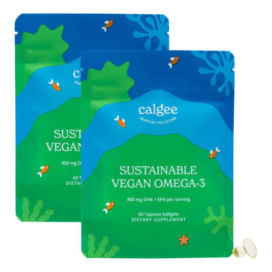 Calgee vegan omega-3 softgels bottle front highlighting algae-based DHA and EPA