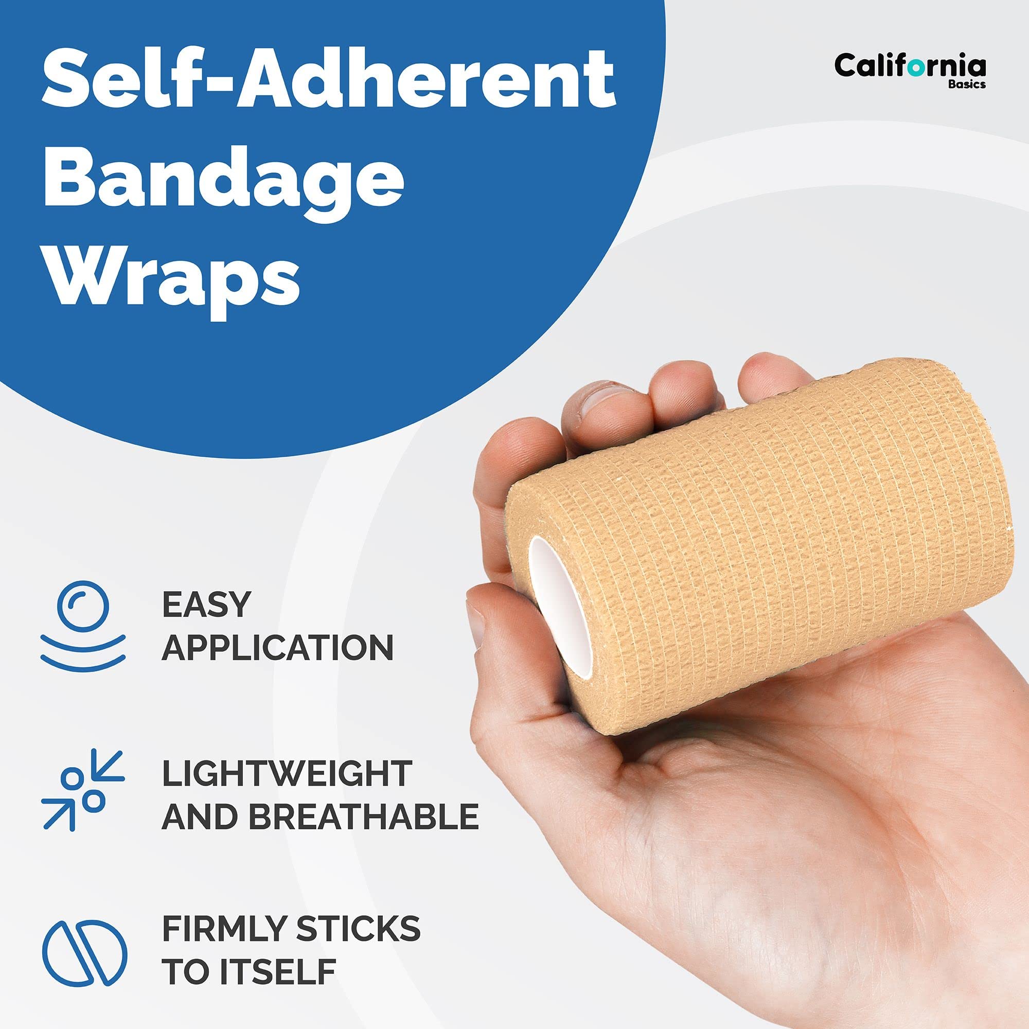 California Basics cohesive wrap for wrists, delivers secure support without pins.
