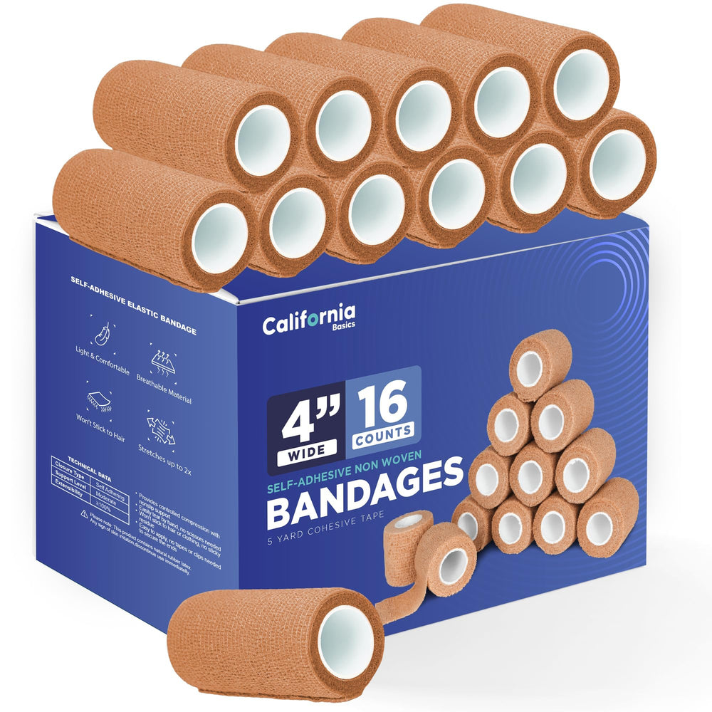 California Basics self-adhesive bandage wrap 4in brown, breathable and easy to apply.