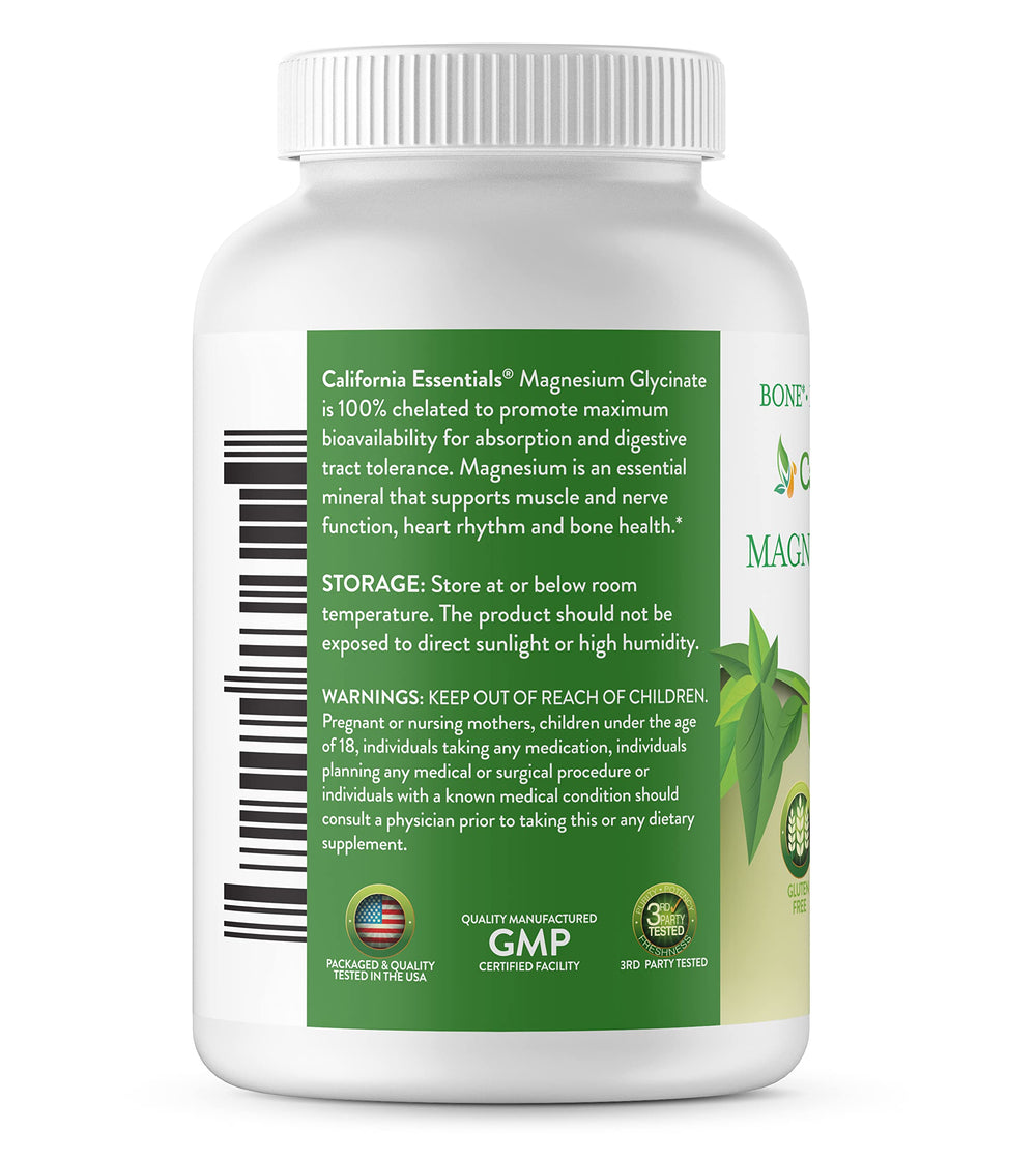 California Essentials Magnesium Glycinate 400 capsules close-up highlighting chelated absorption.